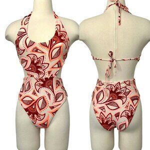 Aerie Halter Cut Out One Piece Pink & Orange Boho Floral Swimsuit M EUC